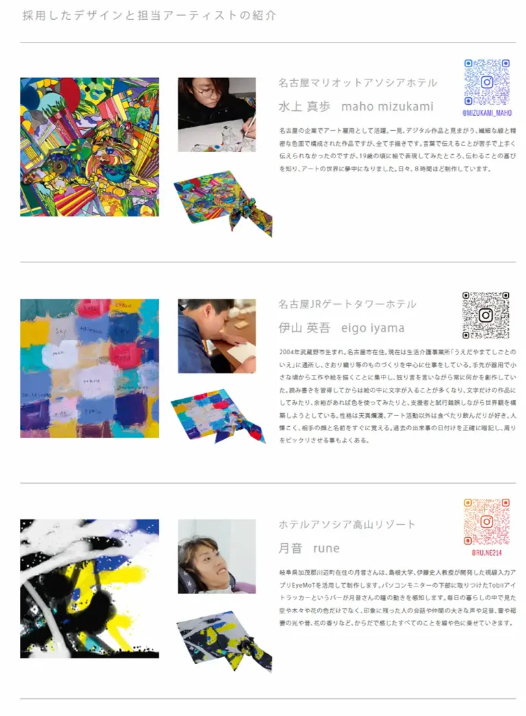 採用したデザインと担当アーティスト、水上真歩さん(名古屋マリオットアソシアホテル)・伊山英吾さん(名古屋JRゲートタワーホテル)・月音さん(ホテルアソシア高山リゾート)の紹介画像