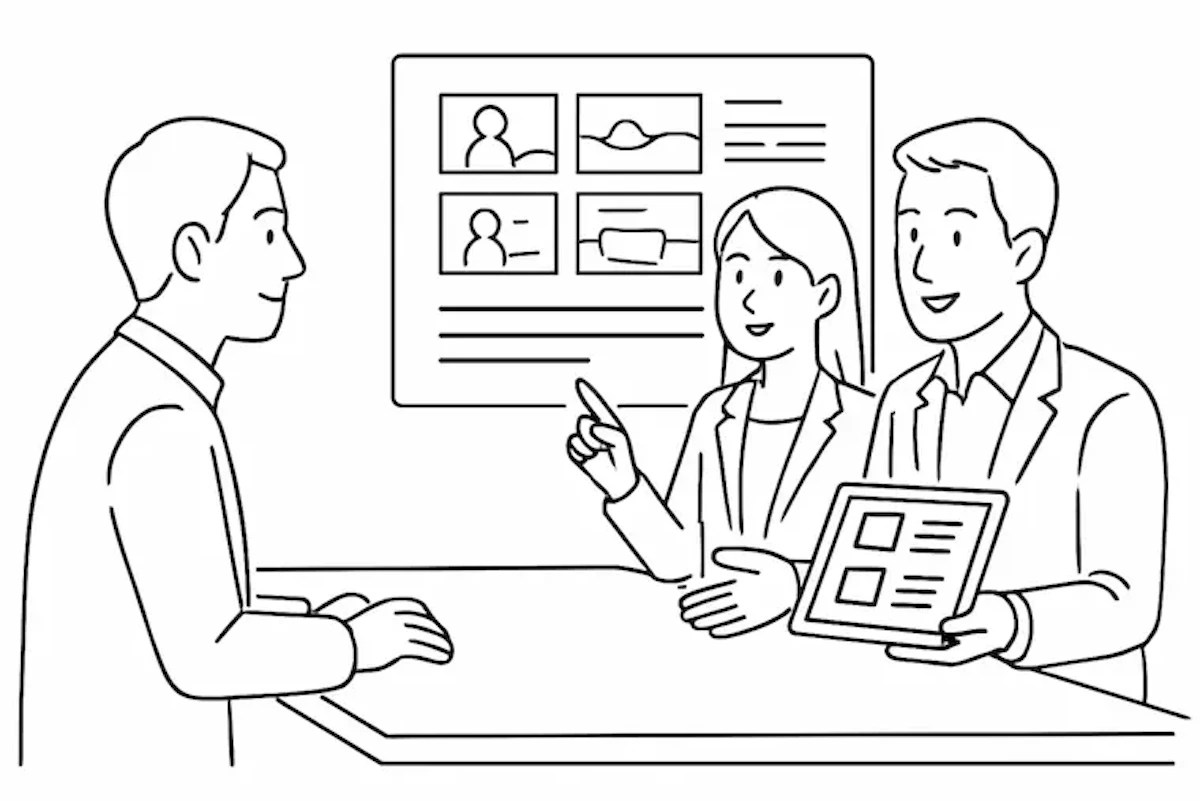 お客さまと動画活用について打ち合わせを行っているイラスト