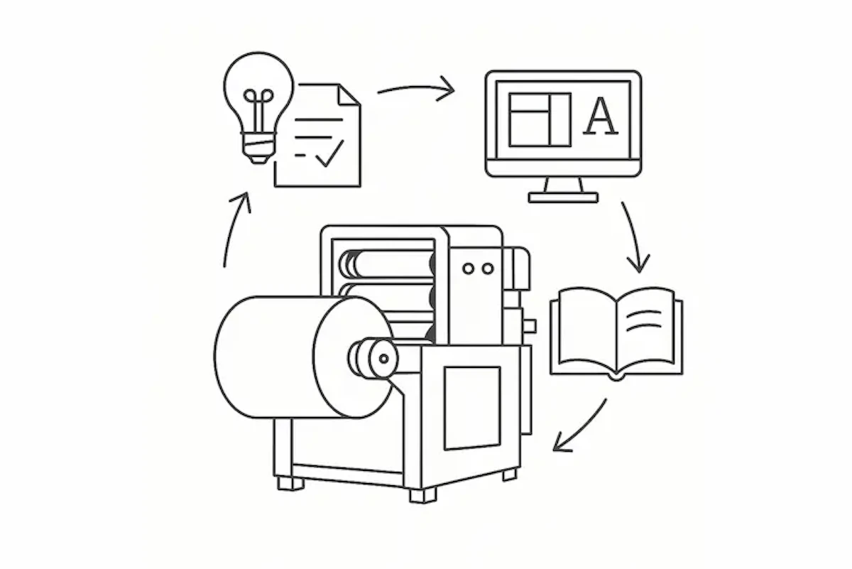 企画からデザイン、印刷までの一貫体制を示したイメージイラスト
