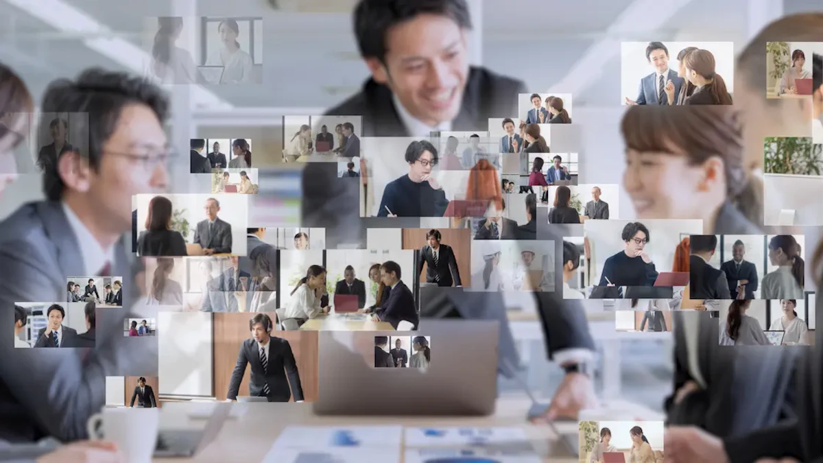 様々なコミュニケーションシーンがランダムに配置された情報伝達の様子を示すイメージ画像