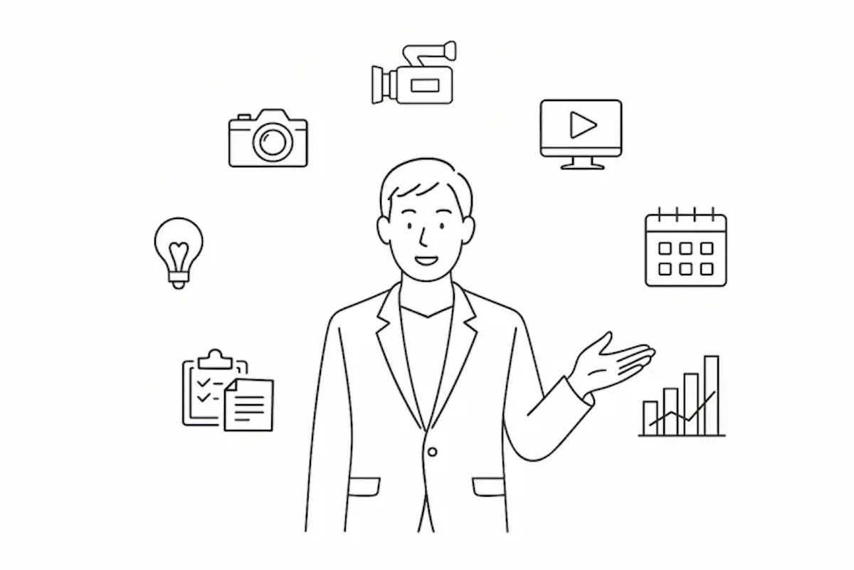 男性が中央におり、カメラや動画を表すアイコンがまわりに配置されている。企画、撮影からVRコンテンツ制作、運用サポートまでワンストップで対応できることをイメージしたイラスト