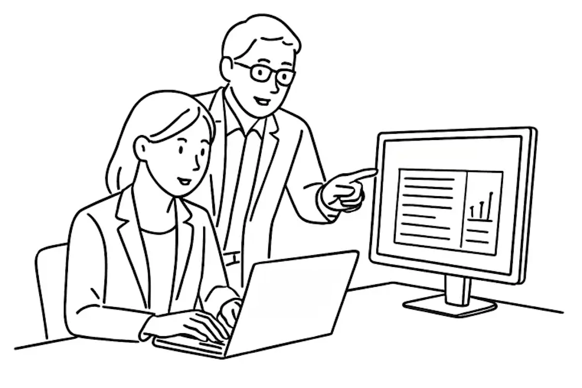 制作スタッフがパソコン画面でアクセスレポートを確認しているイラスト