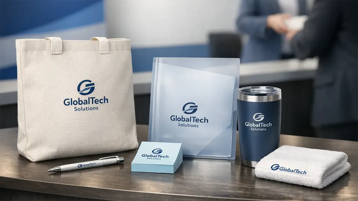 バッグやタンブラー、ボールペン、付箋などのノベルティが机に並べられてるイメージ画像
