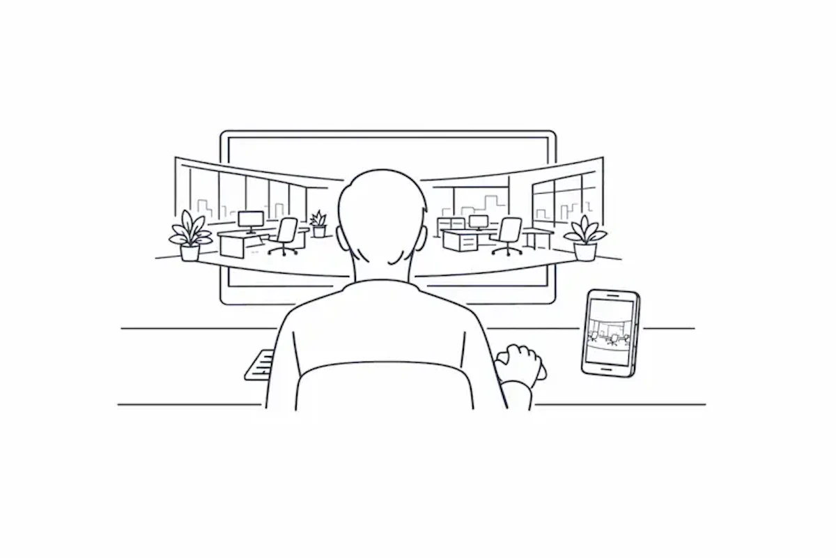 パソコンやスマートフォンで臨場感のあるバーチャルツアーを楽しんでいる男性のイラスト