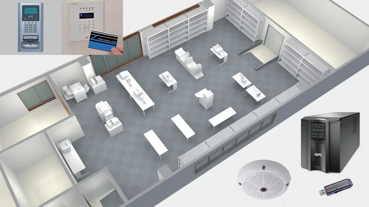 守秘専用のワークスペース、防犯カメラや入退室管理のイメージ画像