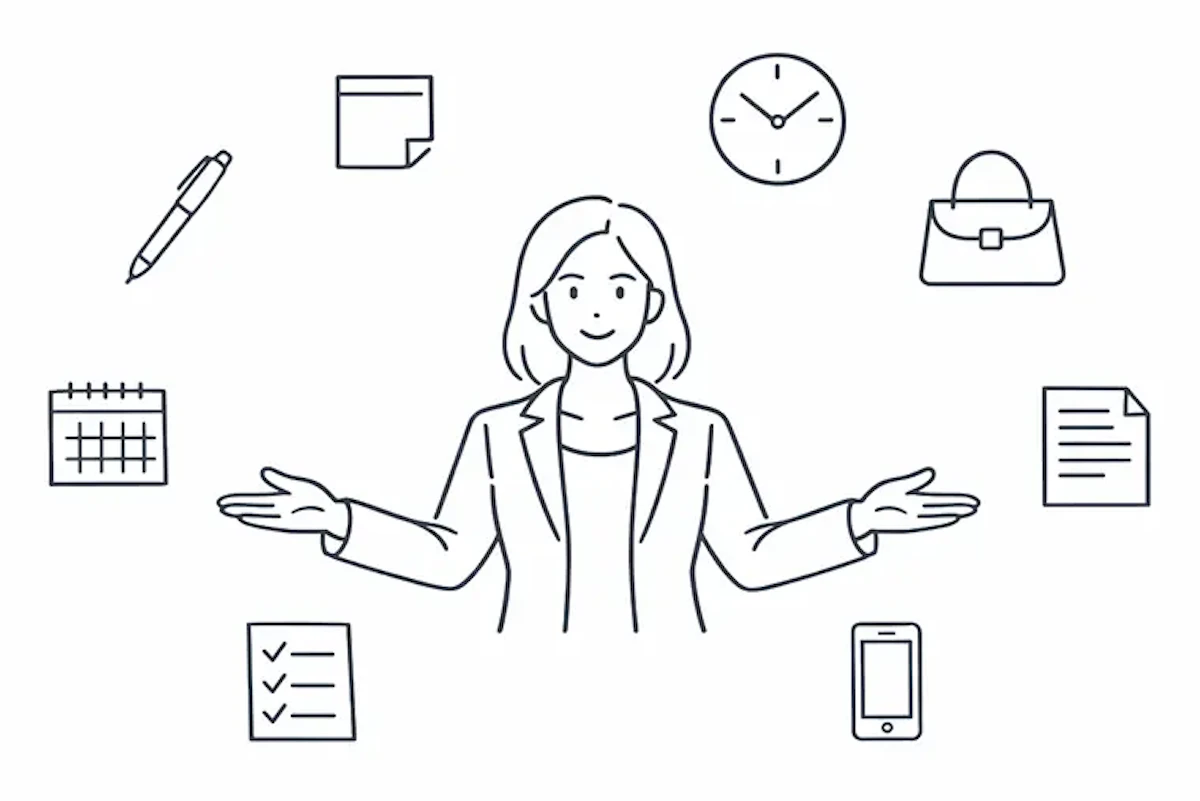 中央に女性のイラストがあり、周囲にボールペンや時計などのノベルティが散りばめられたイラスト