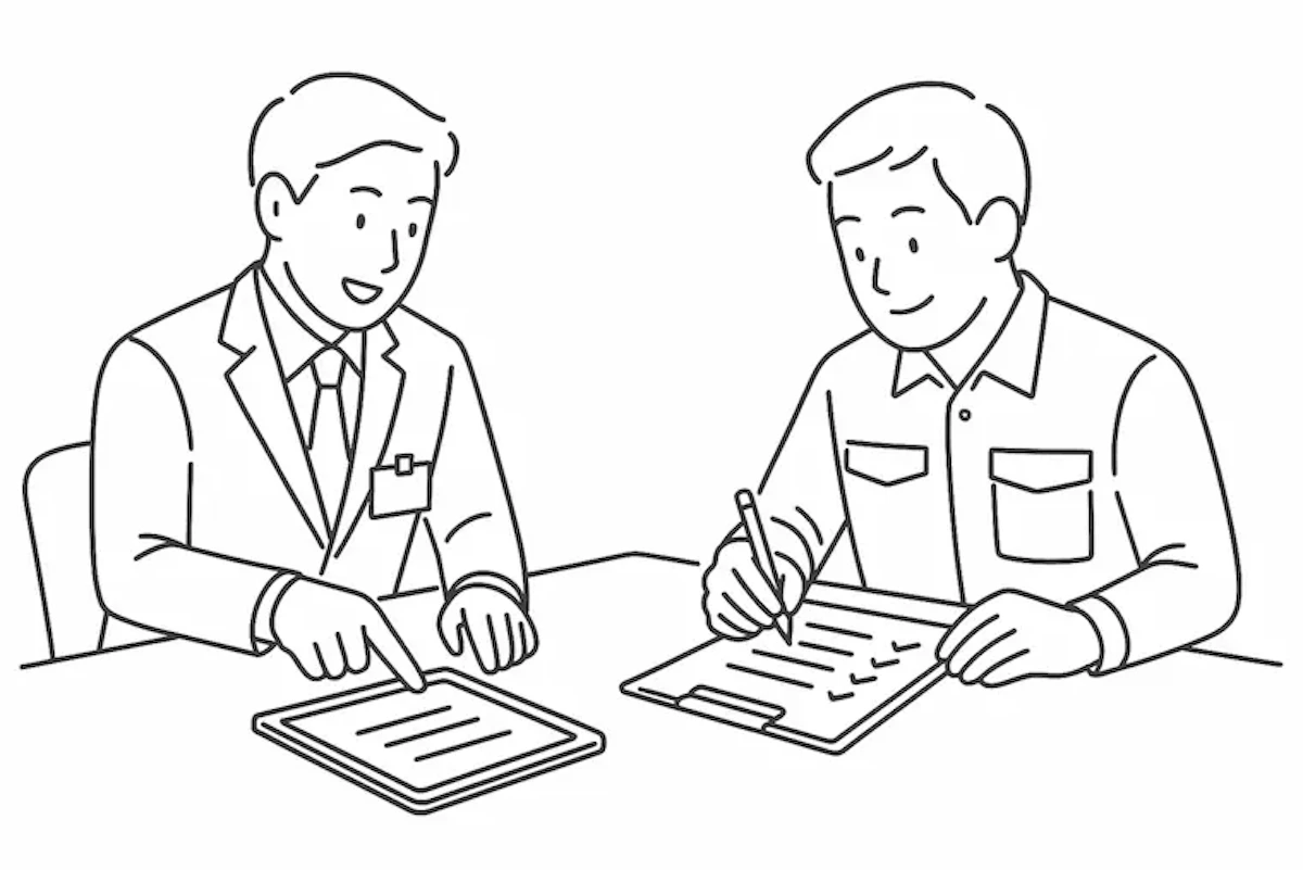 品質担当者と作業者の打ち合わせイラスト