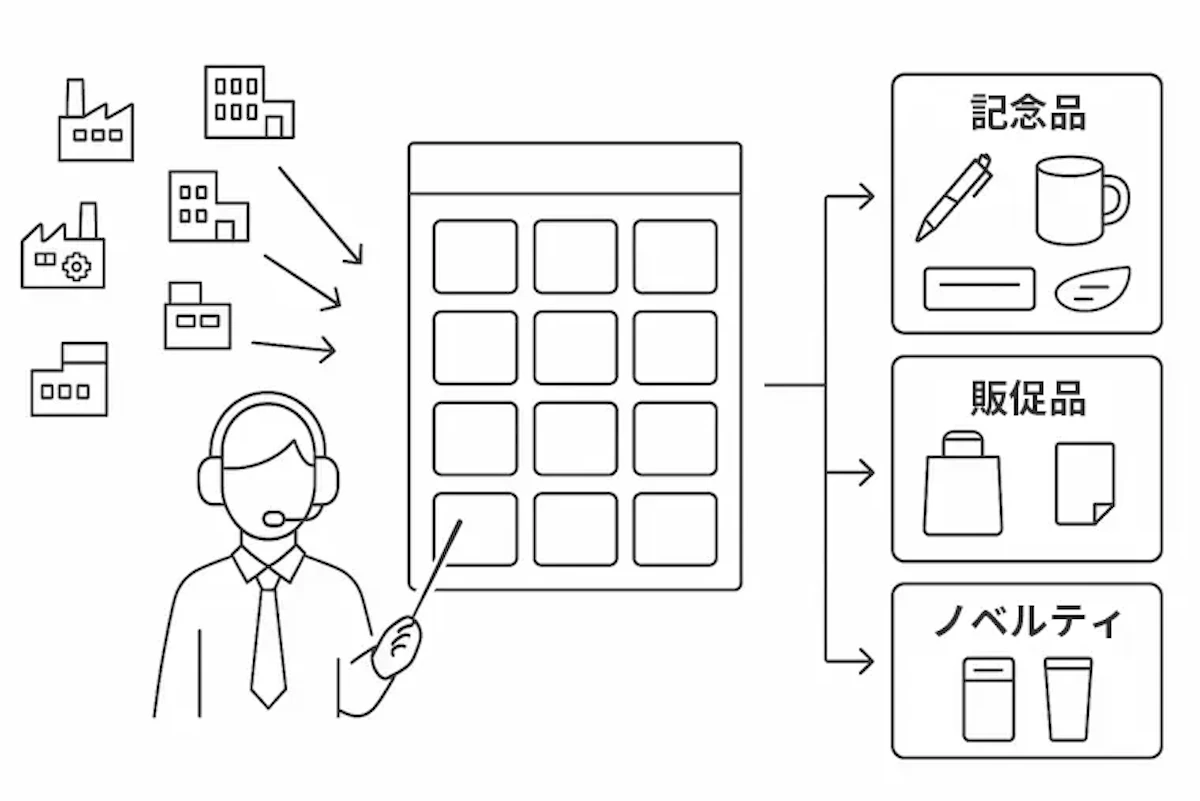 500社超のメーカー網から様々な用途で商品提案ができることを示したイラスト