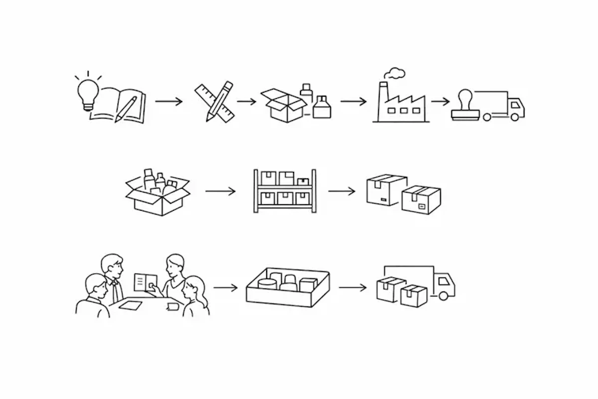 企画から納品・アッセンブリ、倉庫保管・個別発送までの流れを示したイラスト