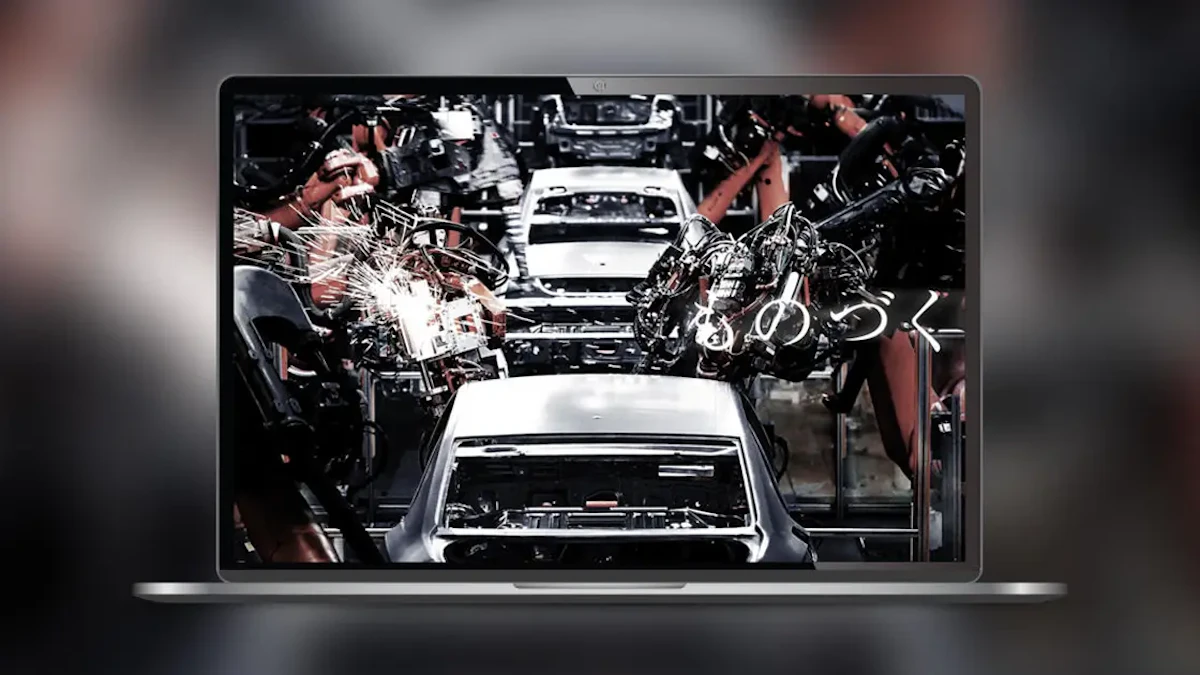 ノートパソコンに富士精工株式会社さまの展示会上映用動画が表示されているイメージ画像