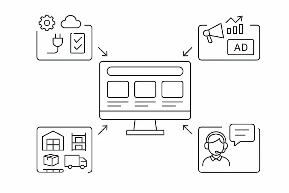 物販だけでなく、システム・物流・広告宣伝などのサポートも可能なことを示したイラスト