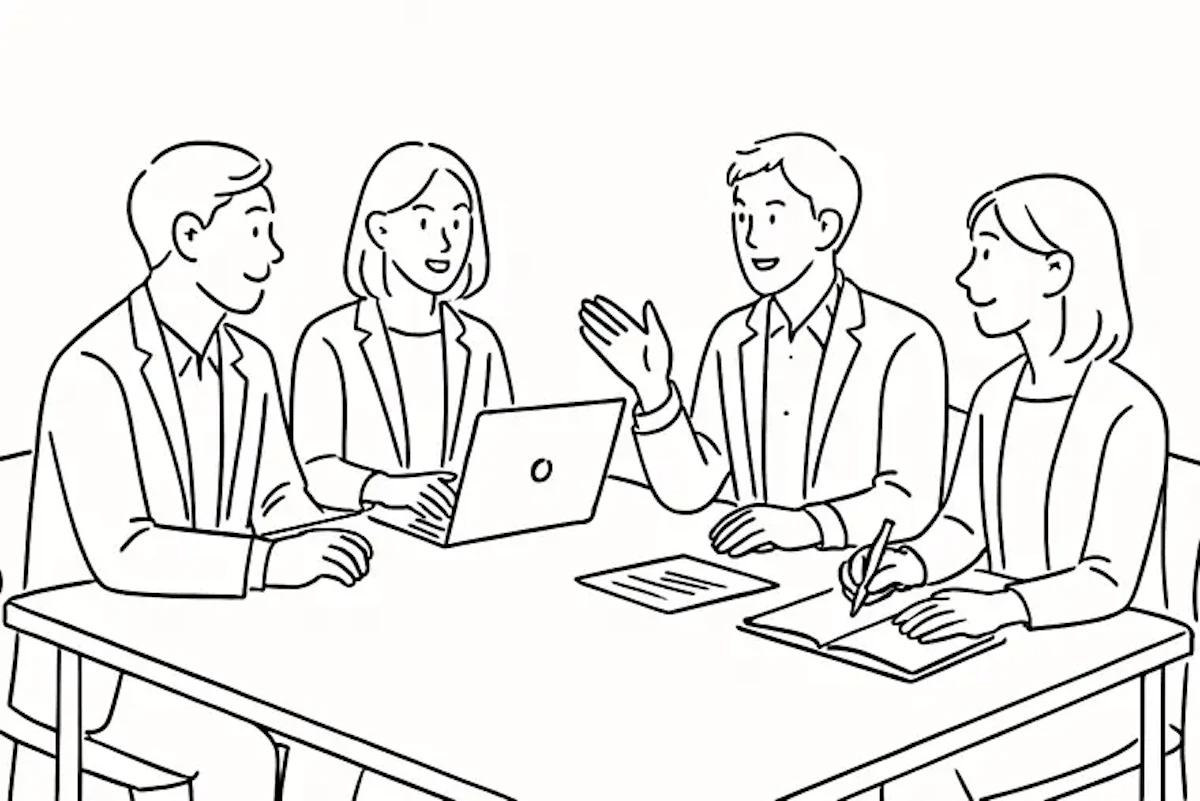 お客さまと制作スタッフがホームページに関する打ち合わせを行っているイラスト