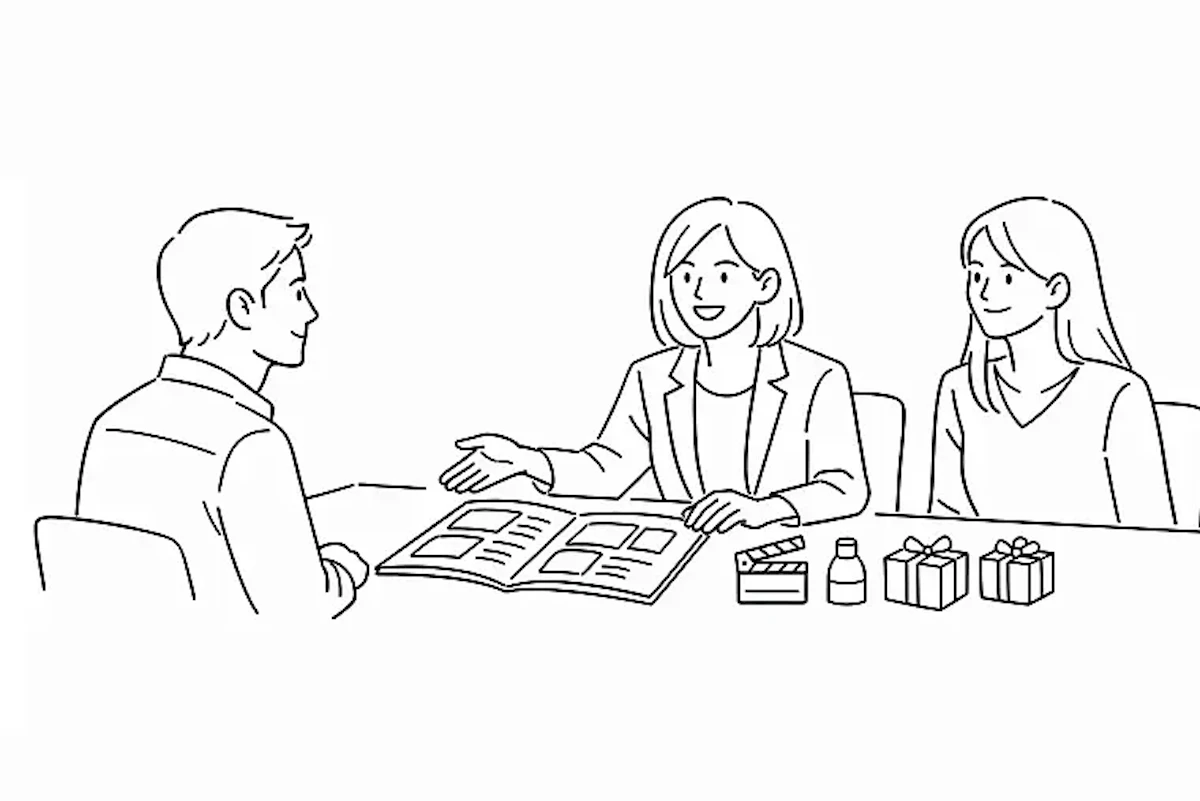男性1名と女性2名が机を挟み、ノベルティについての打ち合わせを行っているイラスト