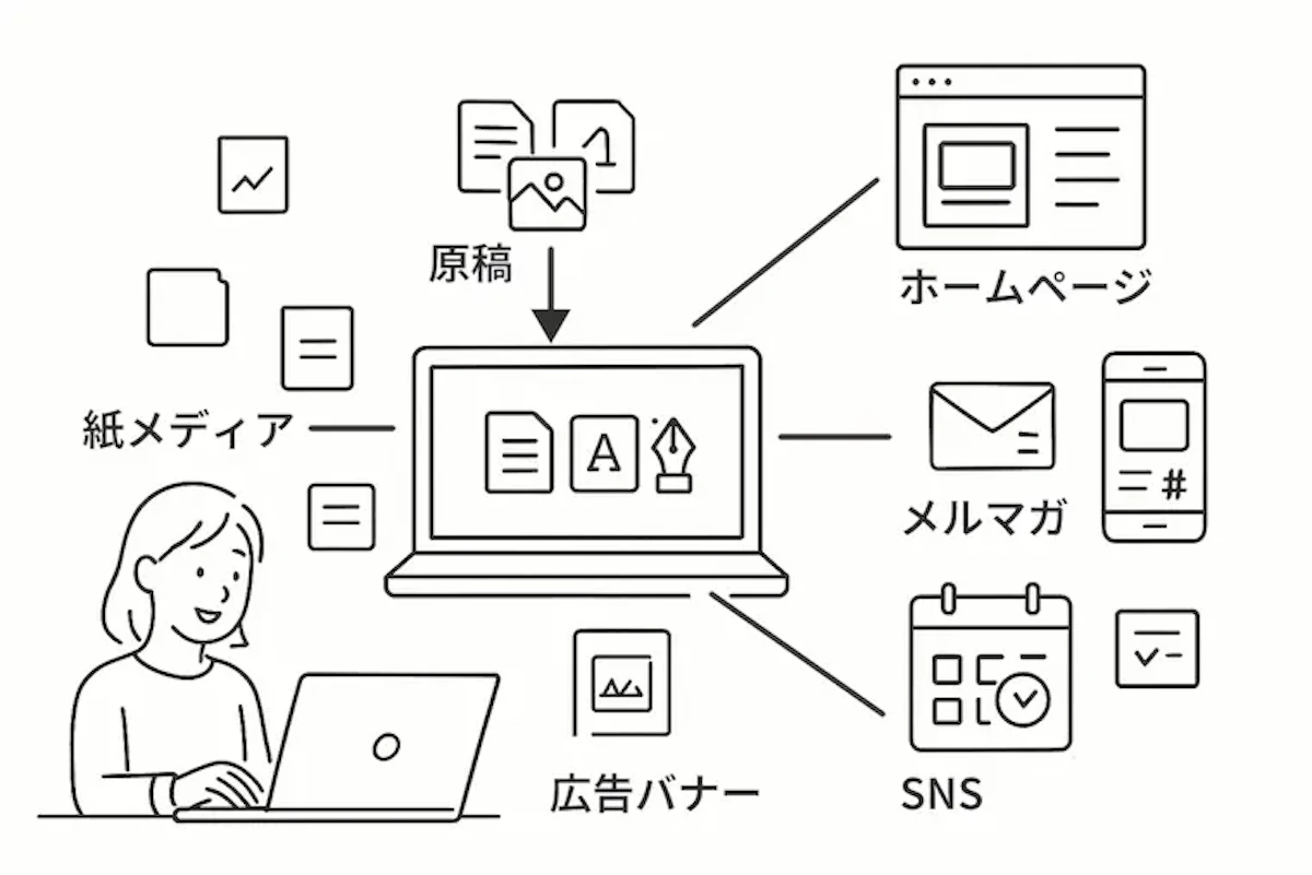 データベースからホームページ、メルマガ、SNSなどへ展開している様子を示したイラスト