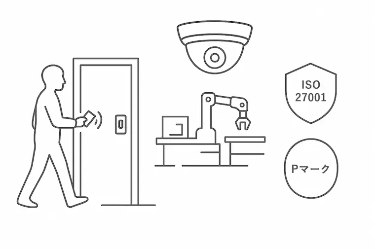 入退室管理、防犯カメラ、ISO27001、Pマークのイメージイラスト