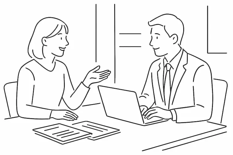 お客様とシステム設計の打ち合わせを行っているイラスト