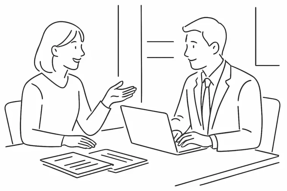 お客様とシステム設計の打ち合わせを行っているイラスト