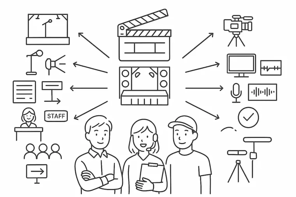 映像スタッフやマイク、モニター、カメラのイラストが並び、イベント運営・映像制作の豊富なノウハウを有していることを示したイラスト