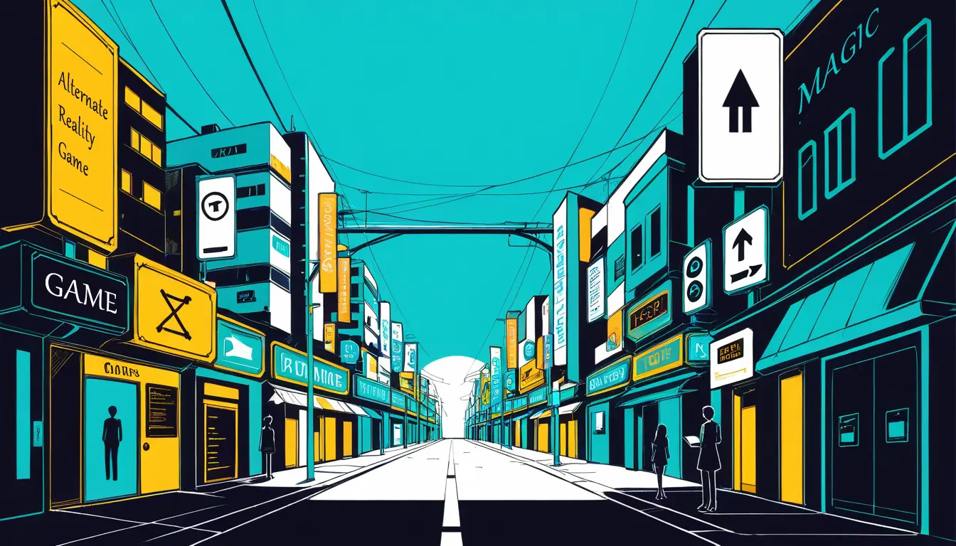 日常の中で遊べるARG(代替現実ゲーム)の世界観を表現した街並みのイラスト