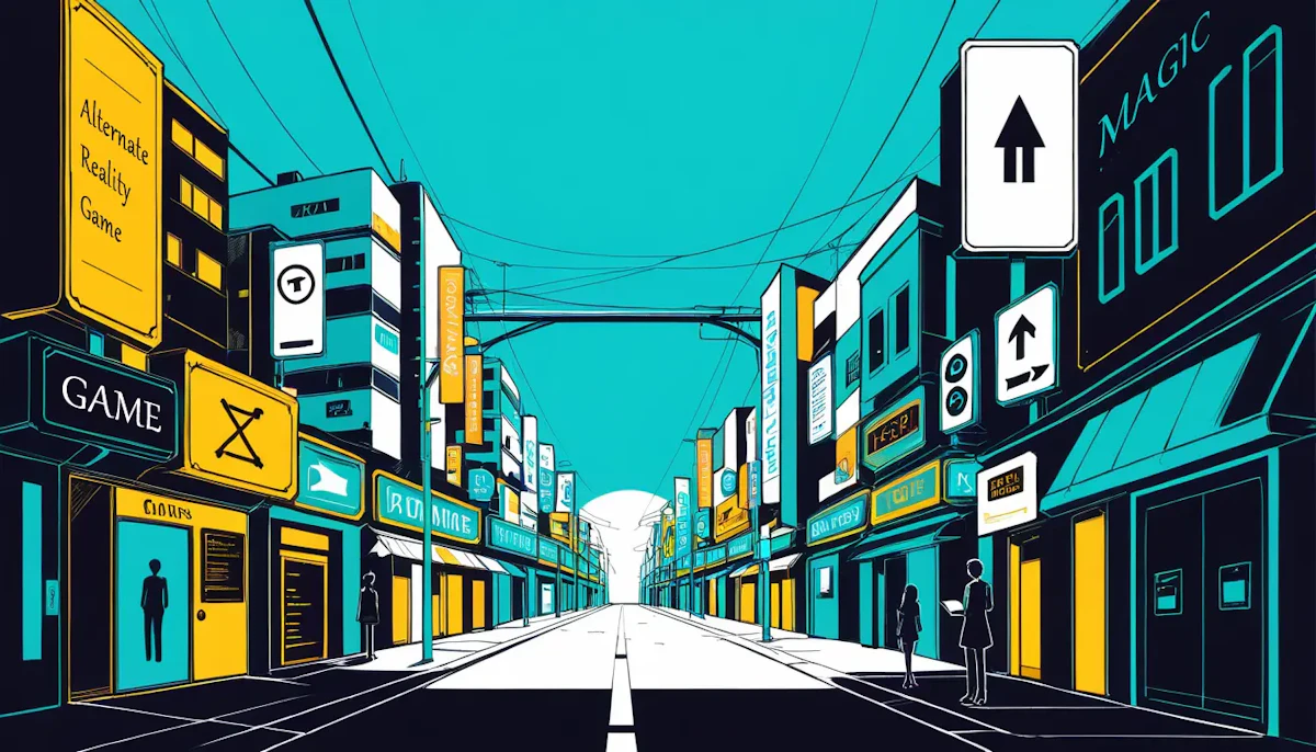 日常の中で遊べるARG(代替現実ゲーム)の世界観を表現した街並みのイラスト