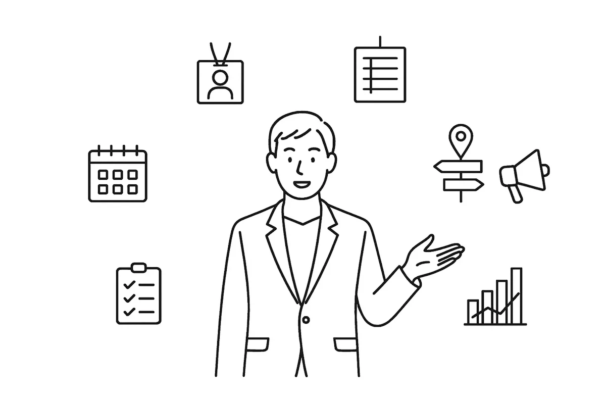 男性が中央に立ち、企画立案からスケジュール管理、集計までをワンストップで引き受けることができる様子を示したイラスト