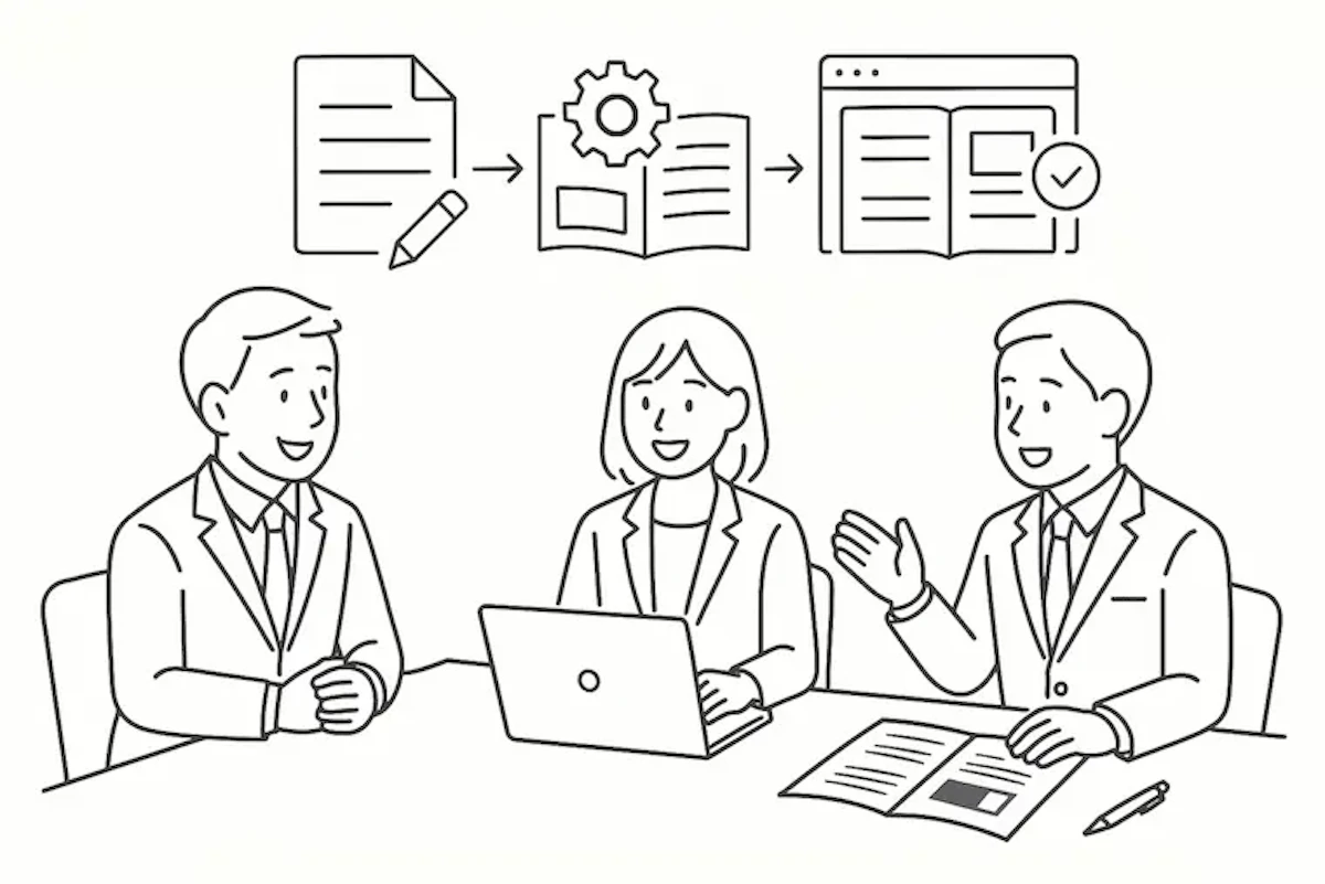 お客さまと制作フローについて打ち合わせを行っているイラスト