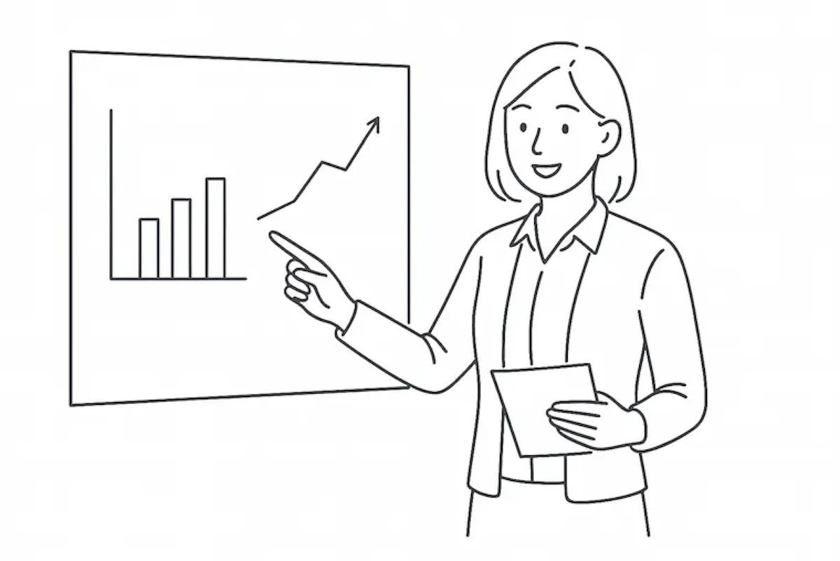 デジタルサイネージの運用プランを説明している女性のイラスト