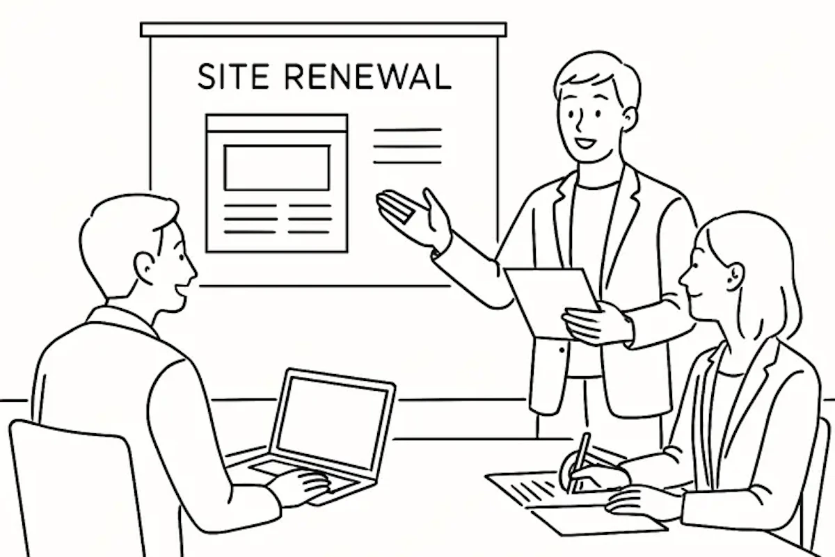 お客さまにホームページリニューアルのご提案を行っているイラスト