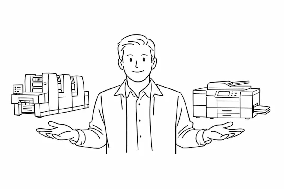 中央に男性のイラストがあり、左右に印刷機のイラストが配置されてるイラスト