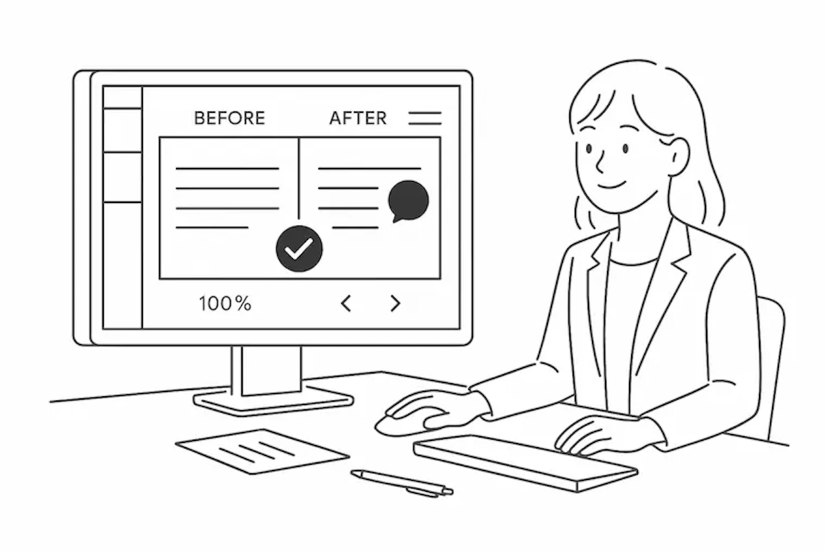 パソコンで校正作業を行っているイメージイラスト