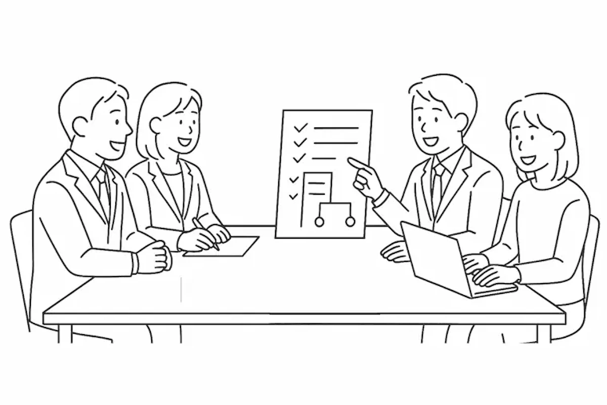 お客さまと制作スタッフがプランや予算について打ち合わせを行っているイラスト