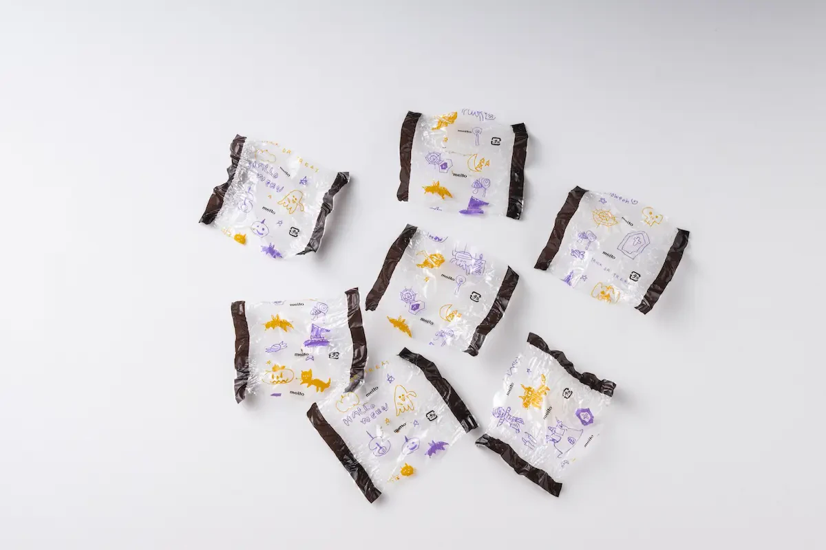 7種類の個包装の写真。ひとつひとつにハロウィンをイメージしたイラストが使用されています。