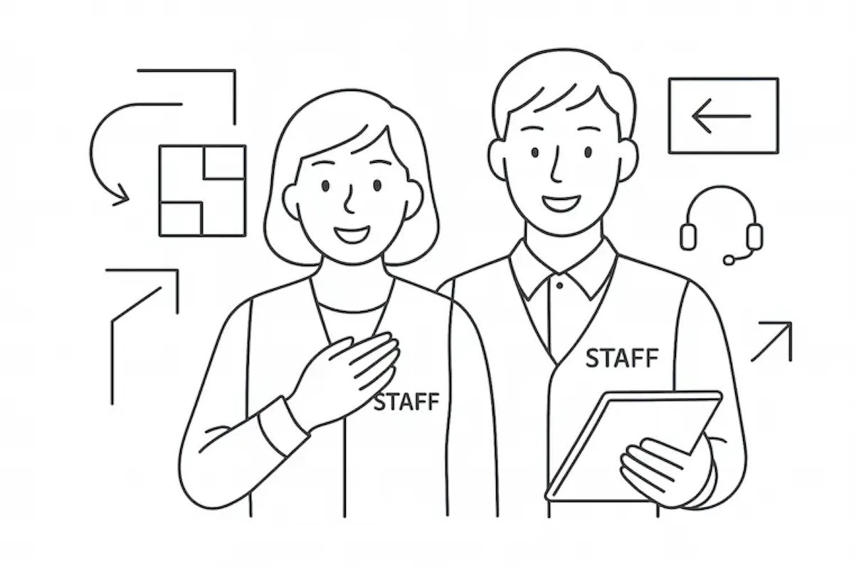 男女2名のスタッフが描かれ、謎解きのネタバレを防ぐノウハウを示すイラスト