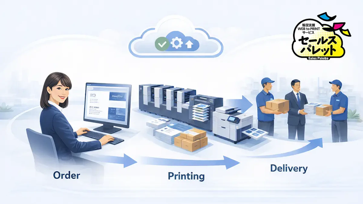セールスパレットのサービス全体像を注文、印刷、配送の流れで示したイラスト