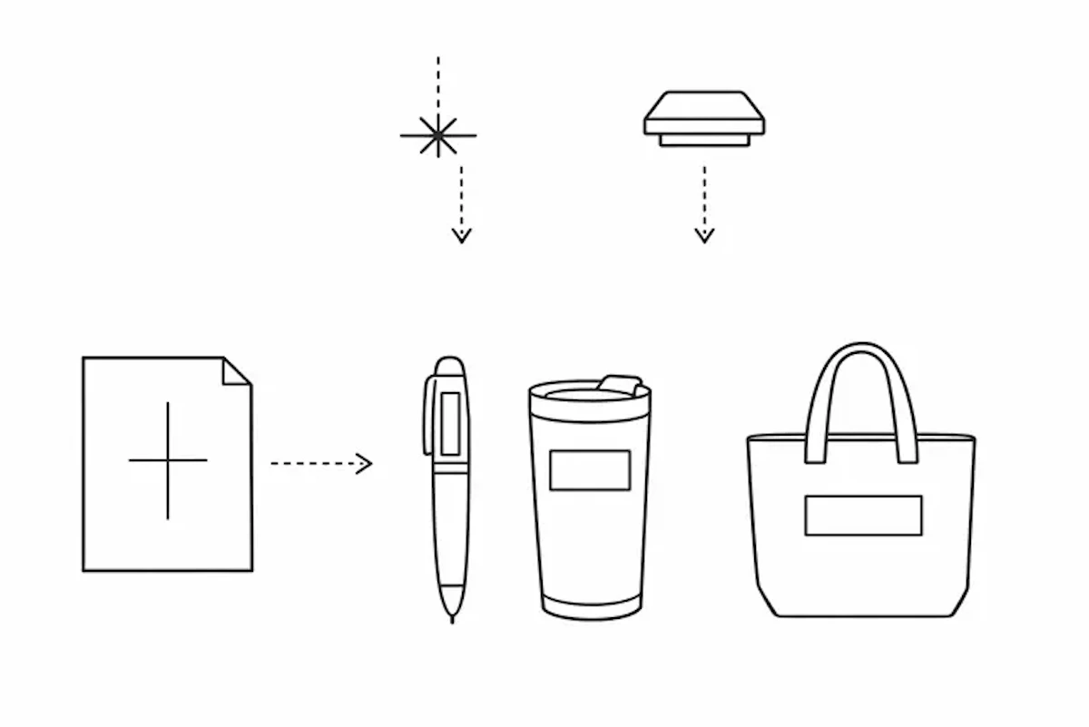 ロゴやメッセージを素材・形状に合わせ最適配置し、レーザー彫刻や箔押しを表現したイラスト