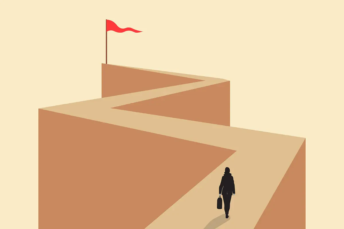 ゴールの旗に向かうシルエットが描かれ、謎解きゲームで達成できる目的を表しているイラスト