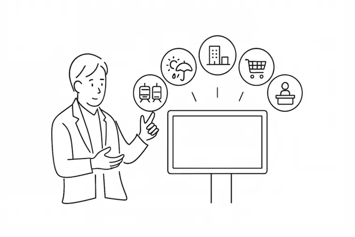 目的やシーンに合わせたデジタルサイネージをご提案しているイメージイラスト