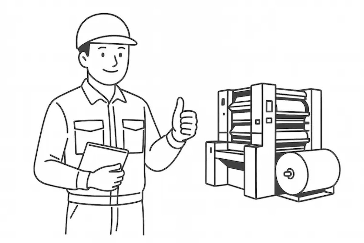 印刷スタッフと印刷機が表示されており、高品質な印刷物をお届けするイメージを示したイラスト