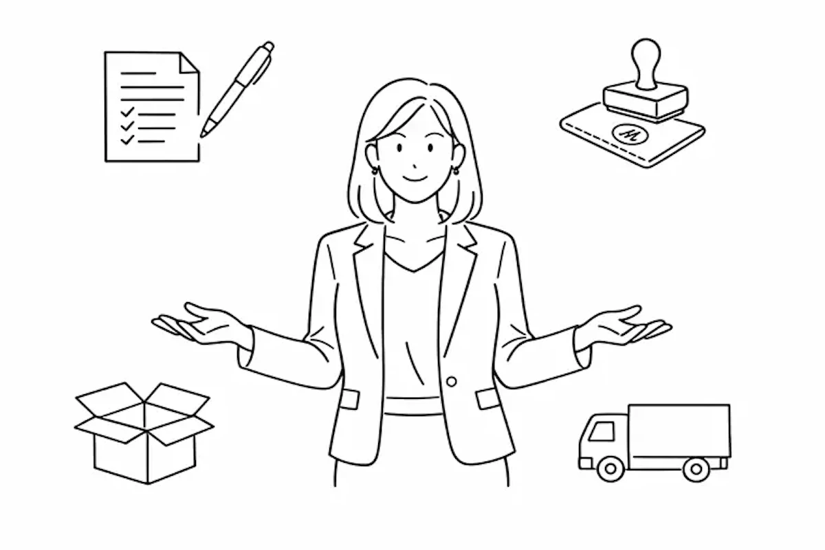女性が中央におり、法人向け記念品の受賞者名入れや化粧箱、メッセージ同梱までワンストップで対応できることを表現したイラスト