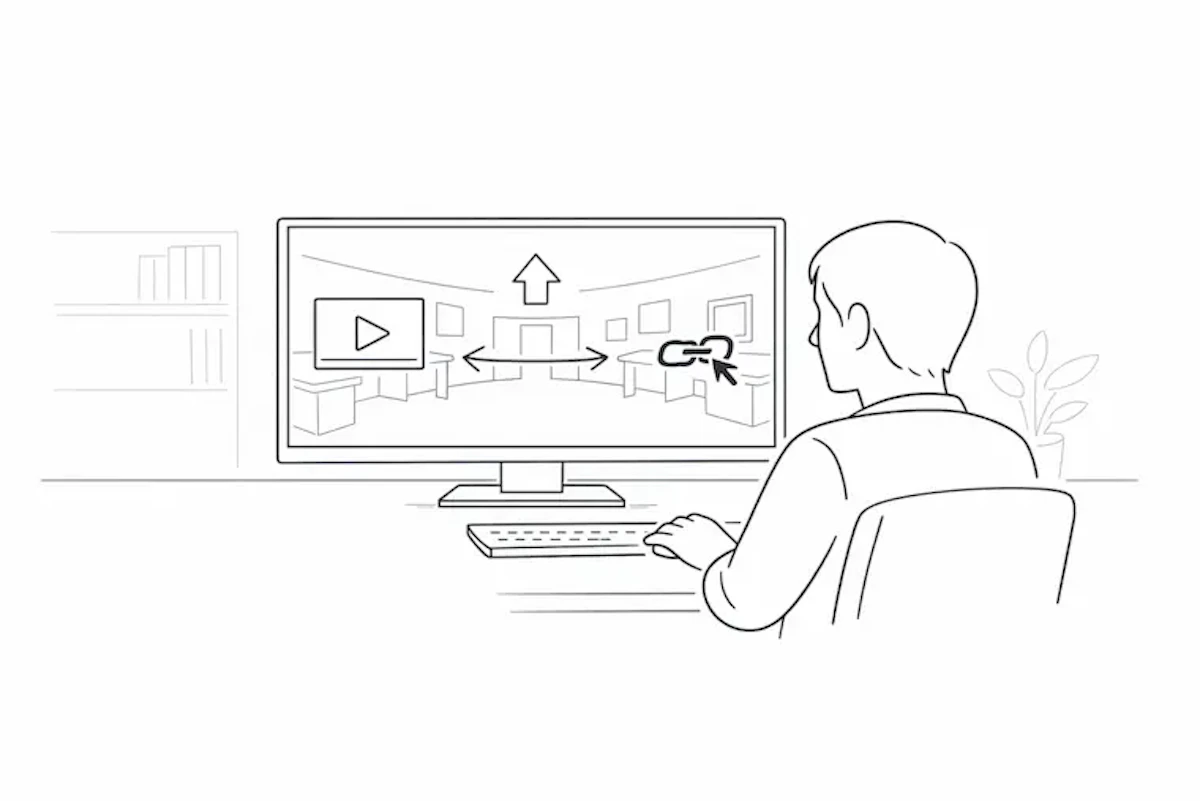 パソコンを操作している男性がバーチャル空間の中に配置された動画や写真、説明文を閲覧しているイラスト