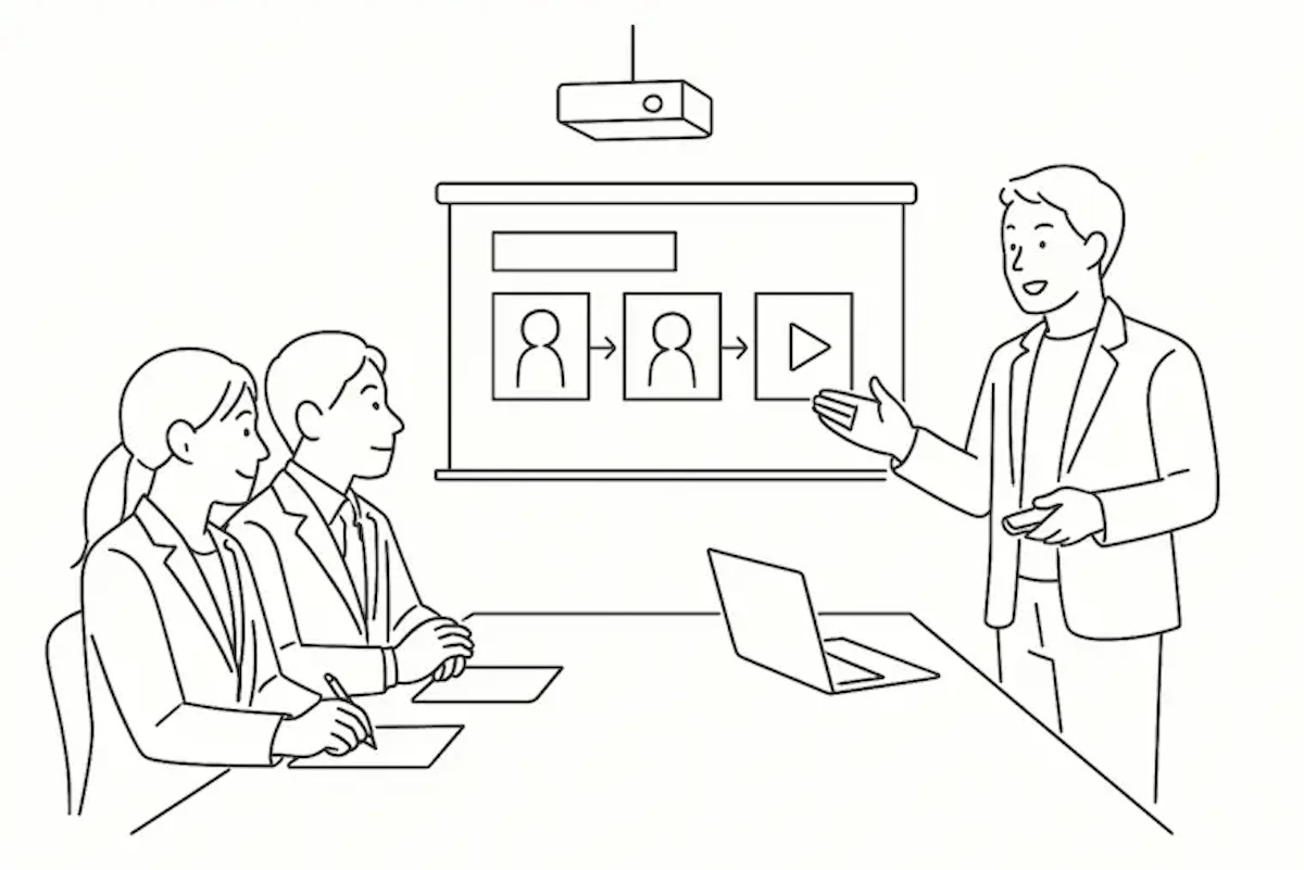 お客さまに映像シナリオをご提案しているイメージイラスト