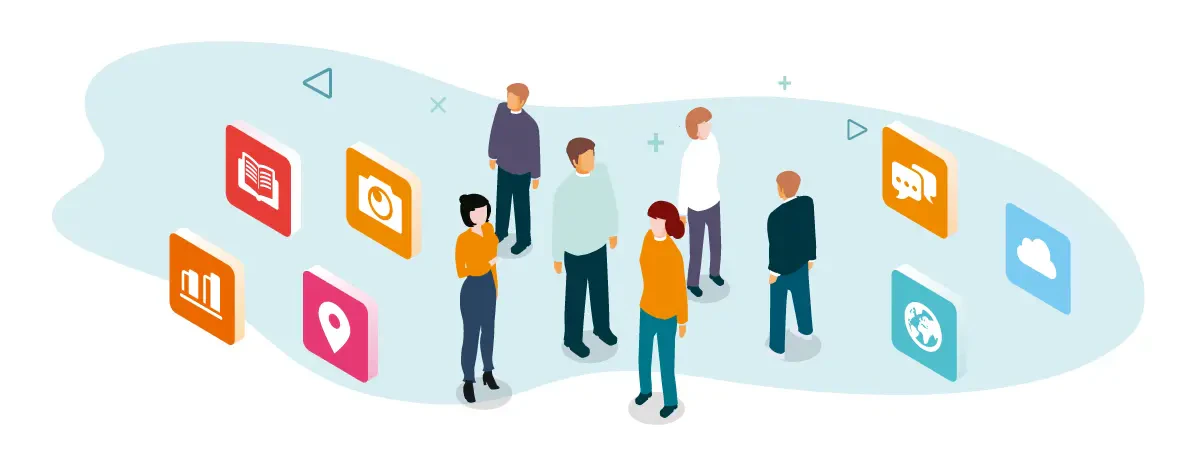 様々なアイコンがならび、ホームページから会社案内、映像、システムまでワンストップで対応できることをイメージしたイラスト