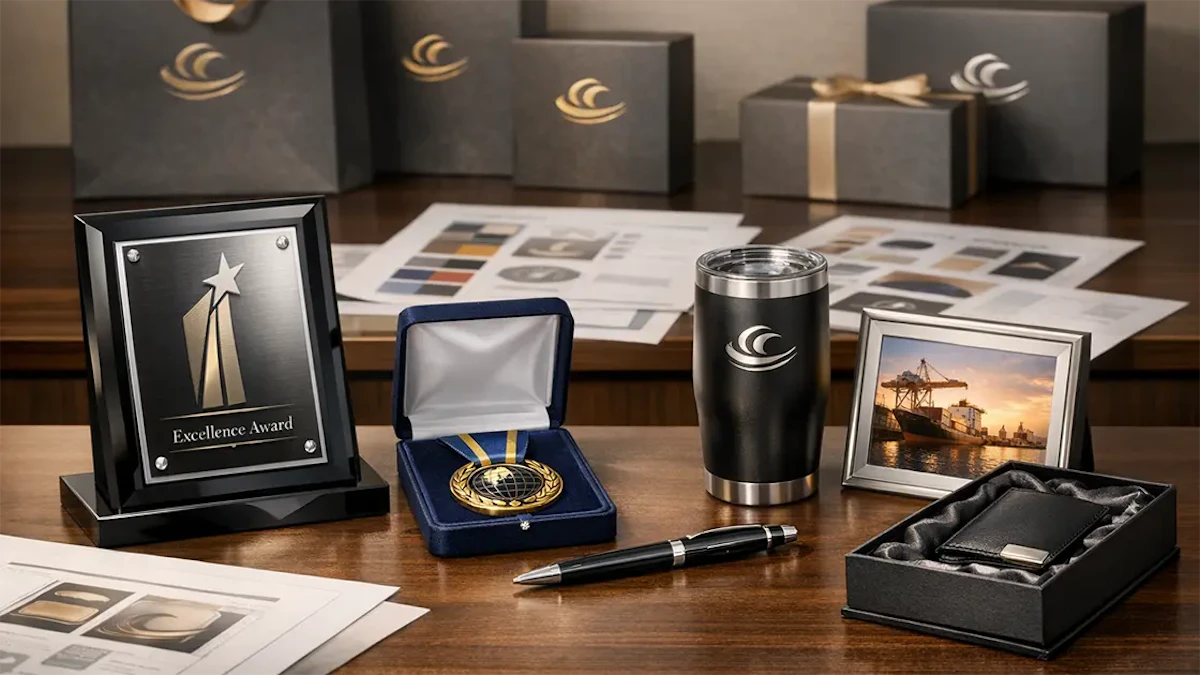 メダルや盾、高級ボールペンやタンブラーなど法人向け記念品・オリジナルギフトが机に並んでいるイメージ画像